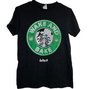 Delta Wake and Bake T-Shirt Starbucks Cotton Preshrunk Crew Neck Black Small